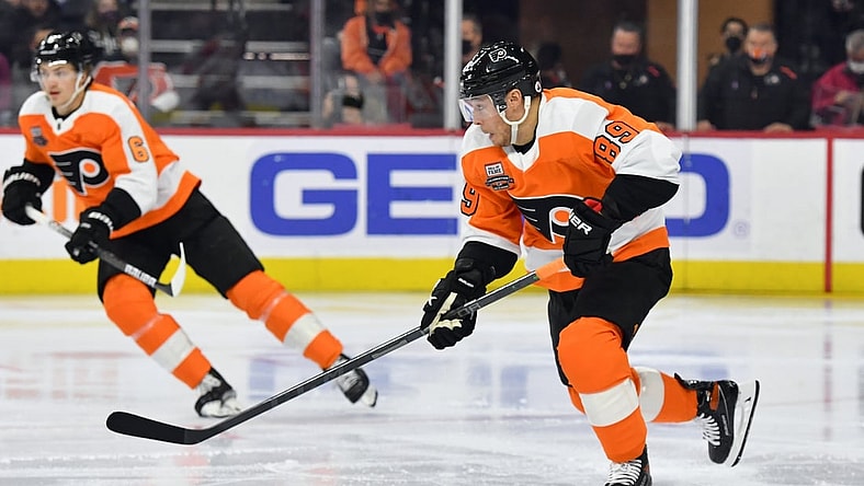 Nov 16, 2021; Philadelphia, Pennsylvania, USA; Philadelphia Flyers right wing Cam Atkinson (89) skates with the puck against the Calgary Flames at Wells Fargo Center. Mandatory Credit: Eric Hartline-USA TODAY Sports