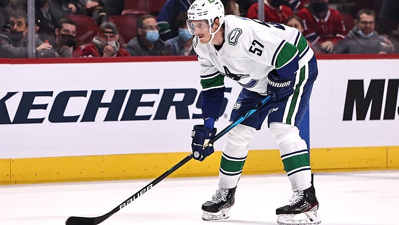 Nov 29, 2021; Montreal, Quebec, CAN; Vancouver Canucks defenseman Tyler Myers (57) during a first period face-off against Montreal Canadiens at Bell Centre. Mandatory Credit: Jean-Yves Ahern-USA TODAY Sports