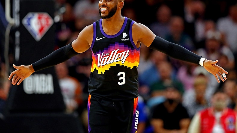 Nov 30, 2021; Phoenix, Arizona, USA; Phoenix Suns guard Chris Paul (3) reacts during the second quarter against the Golden State Warriors at Footprint Center. Mandatory Credit: Mark J. Rebilas-USA TODAY Sports