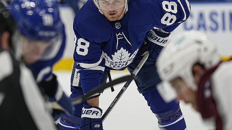 Dec 1, 2021; Toronto, Ontario, CAN; Toronto Maple Leafs forward William Nylander (88) waits for a face off against the Colorado Avalanche during the second period at Scotiabank Arena. Mandatory Credit: John E. Sokolowski-USA TODAY Sports