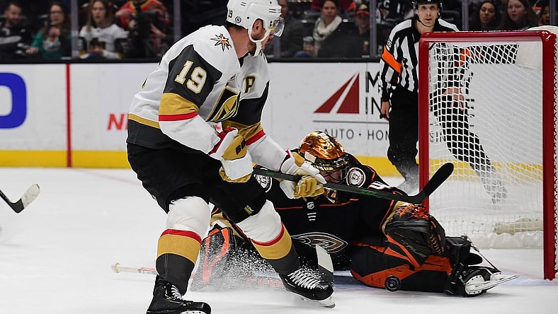 December 1, 2021; Anaheim, California, USA; Anaheim Ducks goaltender Anthony Stolarz (41) blocks a shot against Vegas Golden Knights right wing Reilly Smith (19) during the first period at Honda Center. Mandatory Credit: Gary A. Vasquez-USA TODAY Sports