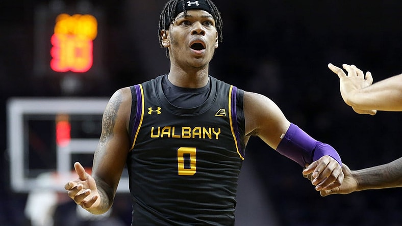 Dec 1, 2021; Manhattan, Kansas, USA; Albany Great Danes guard Ny'mire Little (0) questions a call by the officials during the second half Kansas State Wildcats at Bramlage Coliseum. Mandatory Credit: Scott Sewell-USA TODAY Sports