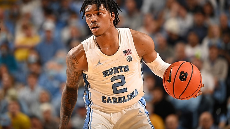 Dec 1, 2021; Chapel Hill, North Carolina, USA; North Carolina Tar Heels guard Caleb Love (2) with the ball in the second half at Dean E. Smith Center. Mandatory Credit: Bob Donnan-USA TODAY Sports