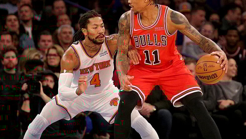 Dec 2, 2021; New York, New York, USA; Chicago Bulls forward DeMar DeRozan (11) controls the ball against New York Knicks guard Derrick Rose (4) during the second quarter at Madison Square Garden. Mandatory Credit: Brad Penner-USA TODAY Sports