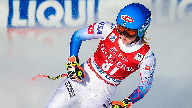 Dec 3, 2021; Lake Louise, Alberta, CAN; Mikaela Shiffrin of the United States during women's downhill race at the Lake Louise Audi FIS alpine skiing World Cup at Lake Louise. Mandatory Credit: Sergei Belski-USA TODAY Sports