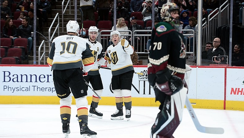 Dec 3, 2021; Glendale, Arizona, USA; Vegas Golden Knights forward Jonathan Marchessault (81) celebrates his goal against Arizona Coyotes goaltender Karel Vejmelka (70) during the first period at Gila River Arena. Mandatory Credit: Joe Camporeale-USA TODAY Sports
