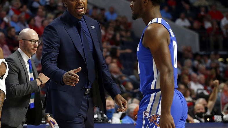 Dec 4, 2021; Oxford, Mississippi, USA; Memphis Tigers head coach Penny Hardaway talks with Memphis Tigers guard Earl Timberlake (0) as he checks out of the game during the first half against the Mississippi Rebels at The Sandy and John Black Pavilion at Ole Miss. Mandatory Credit: Petre Thomas-USA TODAY Sports