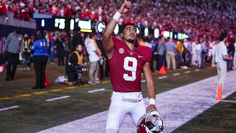 Dec 4, 2021; Atlanta, GA, USA; Alabama Crimson Tide quarterback Bryce Young (9) gestures prior to the game against the Georgia Bulldogs at Mercedes-Benz Stadium. Mandatory Credit: Dale Zanine-USA TODAY Sports