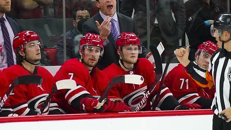 Dec 4, 2021; Raleigh, North Carolina, USA;  Carolina Hurricanes head coach Rod Brind   Amour reacts during the second period against the Buffalo Sabres at PNC Arena. Mandatory Credit: James Guillory-USA TODAY Sports
