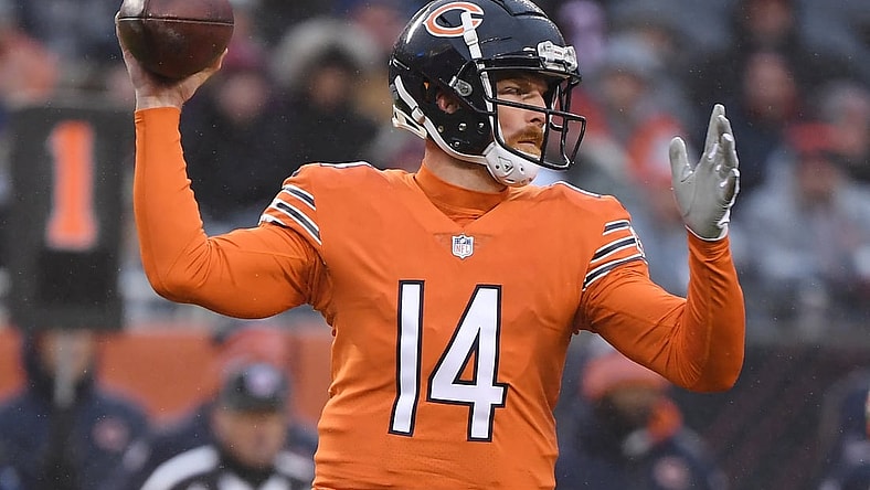 Dec 5, 2021; Chicago, Illinois, USA; Chicago Bears quarterback Andy Dalton (14) passes the football in the first half against the Arizona Cardinals at Soldier Field. Mandatory Credit: Quinn Harris-USA TODAY Sports