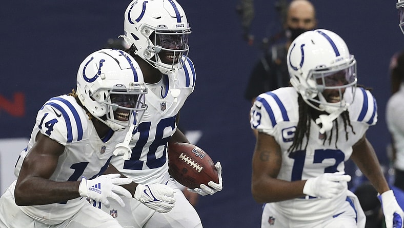 Dec 5, 2021; Houston, Texas, USA; Indianapolis Colts wide receiver Ashton Dulin (16) celebrates a touchdown against the Houston Texans in the second quarter at NRG Stadium. Mandatory Credit: Thomas Shea-USA TODAY Sports