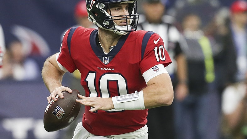 Dec 5, 2021; Houston, Texas, USA;  Houston Texans quarterback Davis Mills (10) scrambles against the Indianapolis Colts in the second half at NRG Stadium. Indianapolis Colts won 31 to 0 .Mandatory Credit: Thomas Shea-USA TODAY Sports