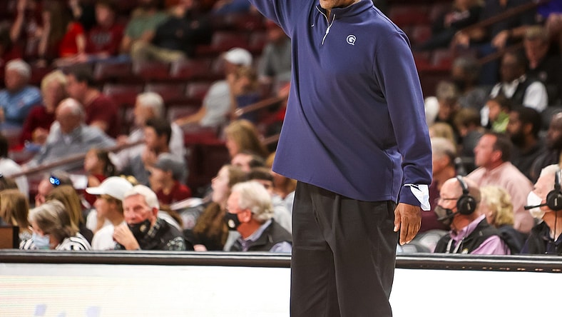 Dec 5, 2021; Columbia, South Carolina, USA; Georgetown Hoyas head coach Patrick Ewing yells from the sidelines against the South Carolina Gamecocks in the first half at Colonial Life Arena. Mandatory Credit: Jeff Blake-USA TODAY Sports