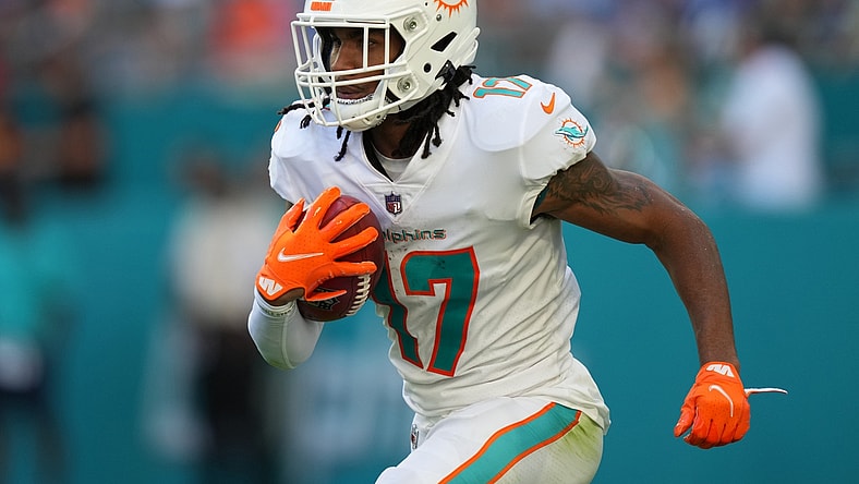 Dec 5, 2021; Miami Gardens, Florida, USA; Miami Dolphins wide receiver Jaylen Waddle (17) runs the ball on a punt return during the second half against the New York Giants at Hard Rock Stadium. Mandatory Credit: Jasen Vinlove-USA TODAY Sports