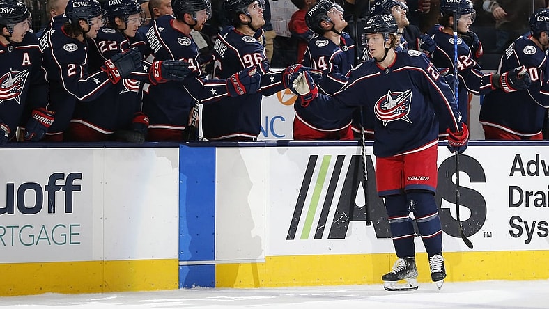 Dec 5, 2021; Columbus, Ohio, USA; Columbus Blue Jackets defenseman Adam Boqvist (27) celebrates a goal against the San Jose Sharks  during the first period at Nationwide Arena. Mandatory Credit: Russell LaBounty-USA TODAY Sports