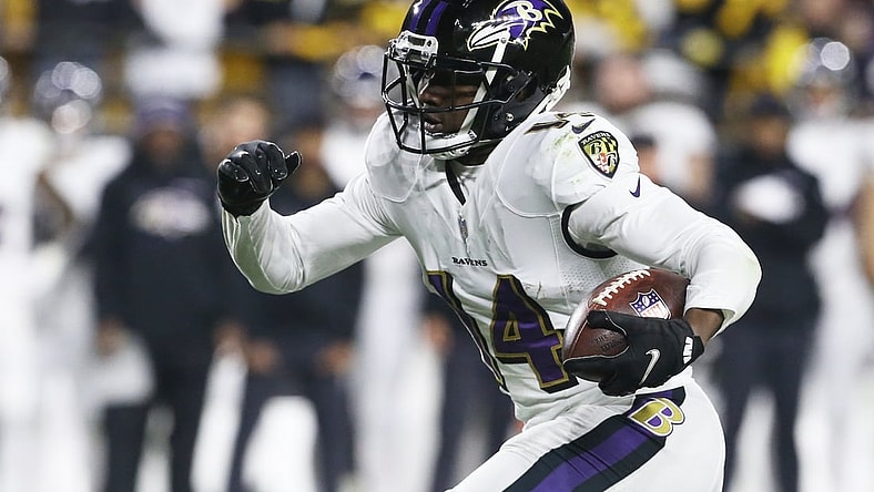 Dec 5, 2021; Pittsburgh, Pennsylvania, USA;  Baltimore Ravens wide receiver Sammy Watkins (14) runs after a catch against the Pittsburgh Steelers during the fourth quarter at Heinz Field.Pittsburgh won 20-19.  Mandatory Credit: Charles LeClaire-USA TODAY Sports