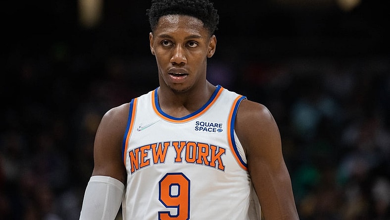 Dec 8, 2021; Indianapolis, Indiana, USA; New York Knicks guard RJ Barrett (9) in the second half against the Indiana Pacers at Gainbridge Fieldhouse. Mandatory Credit: Trevor Ruszkowski-USA TODAY Sports