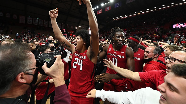 Dec 9, 2021; Piscataway, New Jersey, USA; Rutgers Scarlet Knights guard Ron Harper Jr. (24) celebrates with Rutgers Scarlet Knights center Clifford Omoruyi (11) after defeating the top ranked Purdue Boilermakers 70-69 at Jersey Mike's Arena. Mandatory Credit: Catalina Fragoso-USA TODAY Sports