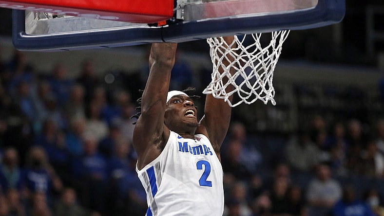 Dec 10, 2021; Memphis, Tennessee, USA; Memphis Tigers center Jalen Duren (2) dunks during the first half against the Murray State Racers at FedExForum. Mandatory Credit: Petre Thomas-USA TODAY Sports