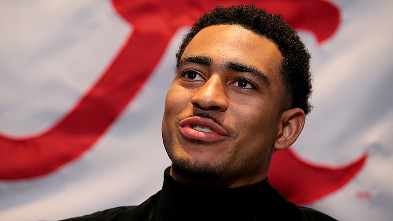 Dec 11, 2021; New York, NY, USA; Heisman candidate quarterback Bryce Young of Alabama speaks to the media during a press conference at the New York Marriott Marquis in New York City. Mandatory Credit: Brad Penner-USA TODAY Sports
