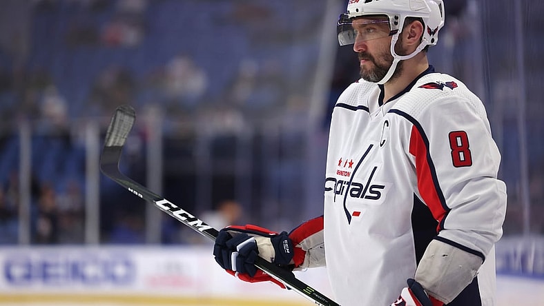 Dec 11, 2021; Buffalo, New York, USA;  Washington Capitals left wing Alex Ovechkin (8) waits for the faceoff during the first period against the Buffalo Sabres at KeyBank Center. Mandatory Credit: Timothy T. Ludwig-USA TODAY Sports
