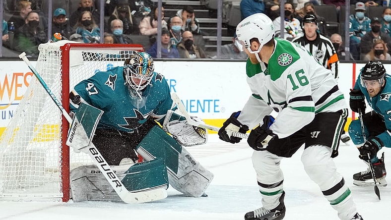 Dec 11, 2021; San Jose, California, USA; San Jose Sharks goaltender James Reimer (47) defends a shot by Dallas Stars center Joe Pavelski (16) during the first period at SAP Center at San Jose. Mandatory Credit: Darren Yamashita-USA TODAY Sports