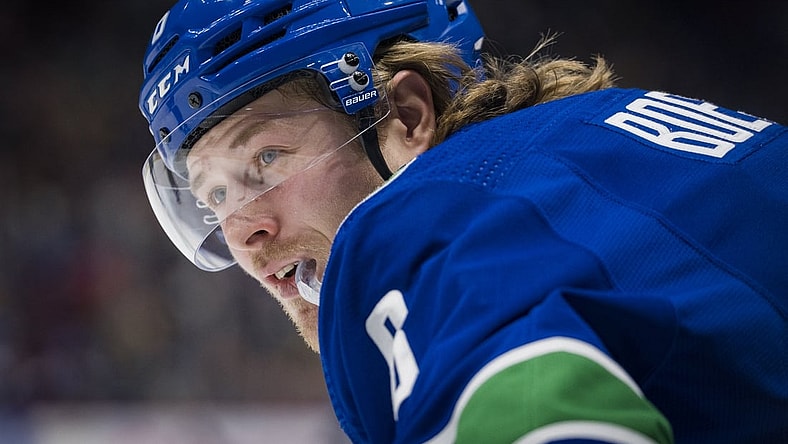 Dec 12, 2021; Vancouver, British Columbia, CAN; Vancouver Canucks forward Brock Boeser (6) smiles during a stop in play against the Carolina Hurricanes in the first period at Rogers Arena. Mandatory Credit: Bob Frid-USA TODAY Sports