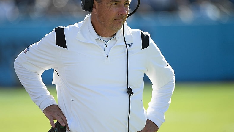 Dec 12, 2021; Nashville, Tennessee, USA;  Jacksonville Jaguars head coach Urban Meyer against the Tennessee Titans during first half at Nissan Stadium. Mandatory Credit: Steve Roberts-USA TODAY Sports