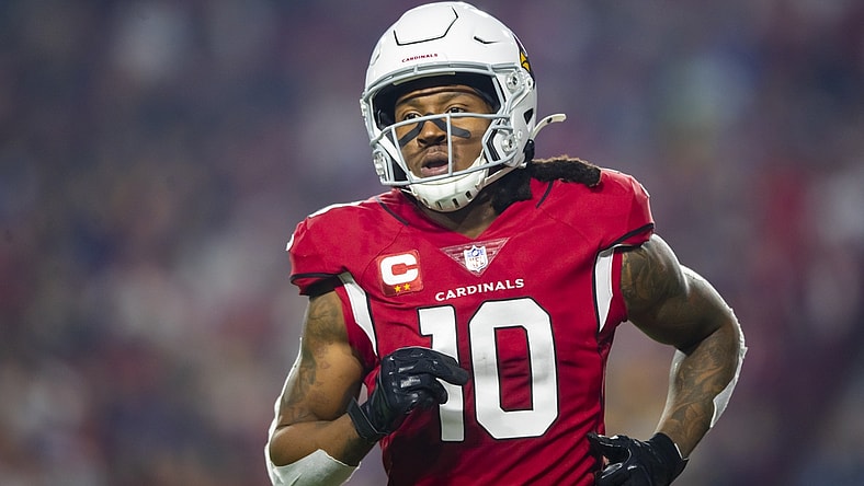 Dec 13, 2021; Glendale, Arizona, USA; Arizona Cardinals wide receiver DeAndre Hopkins (10) against the Los Angeles Rams at State Farm Stadium. Mandatory Credit: Mark J. Rebilas-USA TODAY Sports
