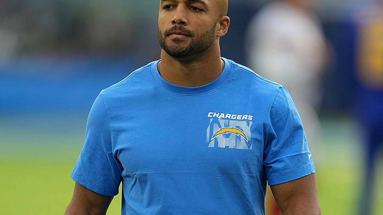 Dec 12, 2021; Inglewood, California, USA; Los Angeles Chargers running back Austin Ekeler (30) reacts during the game against the New York Giants at SoFi Stadium. Mandatory Credit: Kirby Lee-USA TODAY Sports