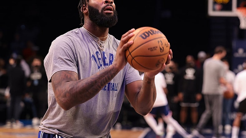 Dec 16, 2021; Brooklyn, New York, USA;  Philadelphia 76ers center Andre Drummond (1) shoots the ball during warm-ups against the Brooklyn Nets at Barclays Center. Mandatory Credit: Vincent Carchietta-USA TODAY Sports
