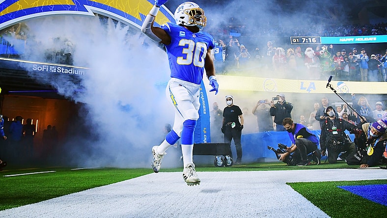 Dec 16, 2021; Inglewood, California, USA; Los Angeles Chargers running back Austin Ekeler (30) is introduced before playing against the Kansas City Chiefs at SoFi Stadium. Mandatory Credit: Gary A. Vasquez-USA TODAY Sports