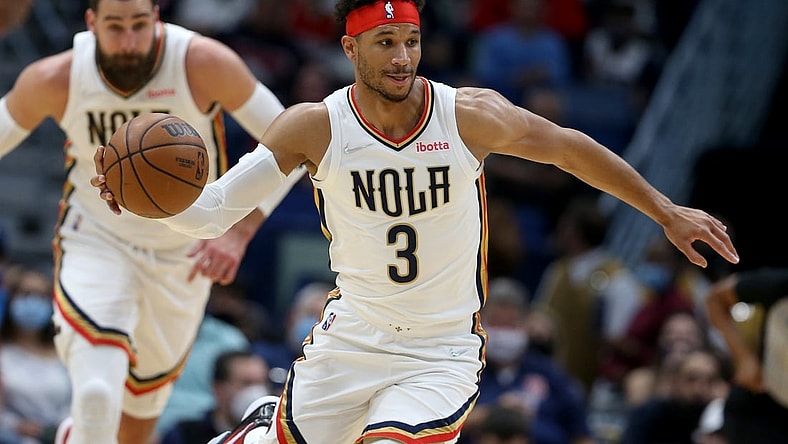 Dec 17, 2021; New Orleans, Louisiana, USA; New Orleans Pelicans guard Josh Hart (3) passes against the Milwaukee Bucks in the first quarter at the Smoothie King Center. Mandatory Credit: Chuck Cook-USA TODAY Sports