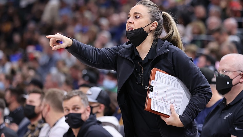 Dec 17, 2021; Salt Lake City, Utah, USA; San Antonio Spurs assistant coach Becky Hammon gives instructions during the second quarter against the Utah Jazz at Vivint Arena. Mandatory Credit: Rob Gray-USA TODAY Sports