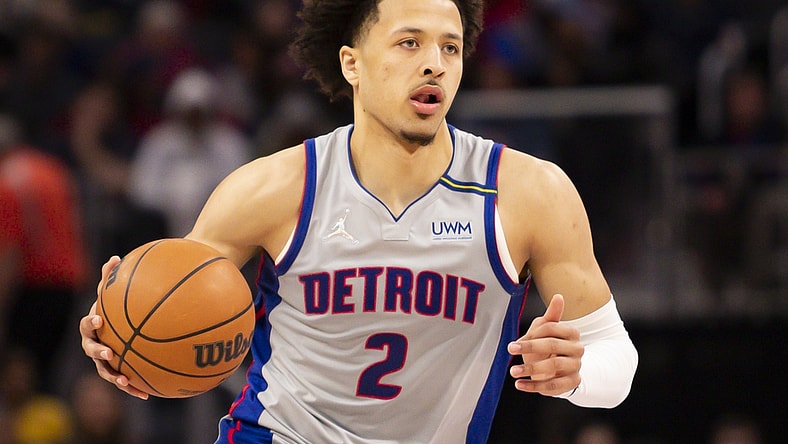 Dec 18, 2021; Detroit, Michigan, USA; Detroit Pistons guard Cade Cunningham (2) dribbles the ball during the fourth quarter against the Houston Rockets at Little Caesars Arena. Mandatory Credit: Raj Mehta-USA TODAY Sports