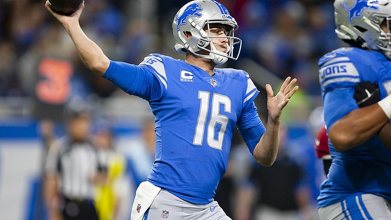 Dec 19, 2021; Detroit, Michigan, USA; Detroit Lions quarterback Jared Goff (16) passes the ball during the first quarter against the Arizona Cardinals at Ford Field. Mandatory Credit: Raj Mehta-USA TODAY Sports