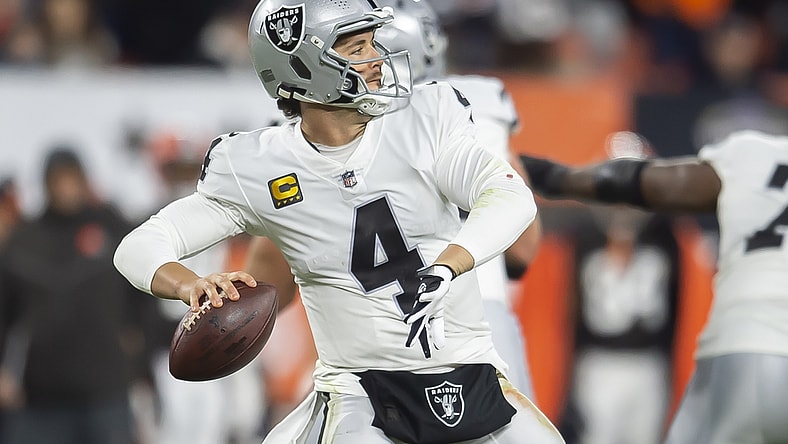 Dec 20, 2021; Cleveland, Ohio, USA; Las Vegas Raiders quarterback Derek Carr (4) throws a pass during the first half against the Cleveland Browns at FirstEnergy Stadium. Mandatory Credit: Ken Blaze-USA TODAY Sports