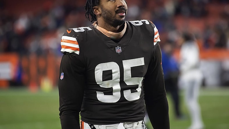 Dec 20, 2021; Cleveland, Ohio, USA; Cleveland Browns defensive end Myles Garrett (95) walks off the field after the Browns lost to the Las Vegas Raiders at FirstEnergy Stadium. Mandatory Credit: Ken Blaze-USA TODAY Sports