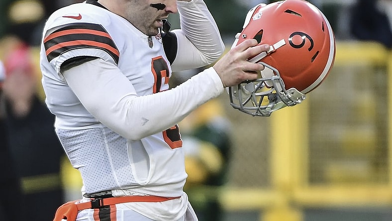 Dec 25, 2021; Green Bay, Wisconsin, USA; Cleveland Browns quarterback Baker Mayfield (6) warms up before game against the Green Bay Packers at Lambeau Field. Mandatory Credit: Benny Sieu-USA TODAY Sports