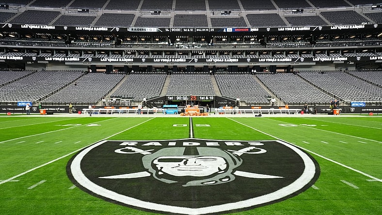 Dec 26, 2021; Paradise, Nevada, USA; A detailed view of the Las Vegas Raiders shield logo at midfield at Allegiant Stadium. Mandatory Credit: Kirby Lee-USA TODAY Sports