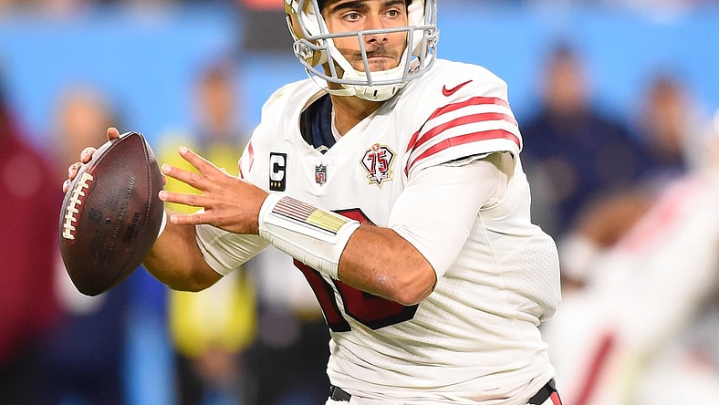 Dec 23, 2021; Nashville, Tennessee, USA;  San Francisco 49ers quarterback Jimmy Garoppolo (10) during the first half against the Tennessee Titans at Nissan Stadium. Mandatory Credit: Steve Roberts-USA TODAY Sports