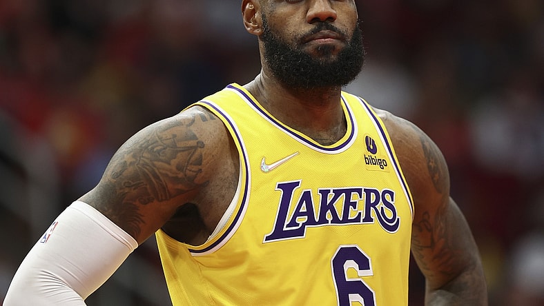Dec 28, 2021; Houston, Texas, USA; Los Angeles Lakers forward LeBron James (6) reacts after a play during the second quarter against the Houston Rockets at Toyota Center. Mandatory Credit: Troy Taormina-USA TODAY Sports