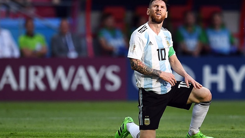Jun 30, 2018; Kazan, Russia; Argentina forward Lionel Messi (10) reacts in the round of 16 game against France during the FIFA World Cup 2018 at Kazan Stadium. Mandatory Credit: Tim Groothuis/Witters Sport via USA TODAY Sports