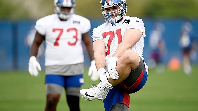May 4, 2019; East Rutherford, NJ, USA; Offensive tackle Drew Desjarlais (71) stretches during New York Giants rookie minicamp at Quest Diagnostics Training Center. Mandatory Credit: Sarah Stier-USA TODAY Sports