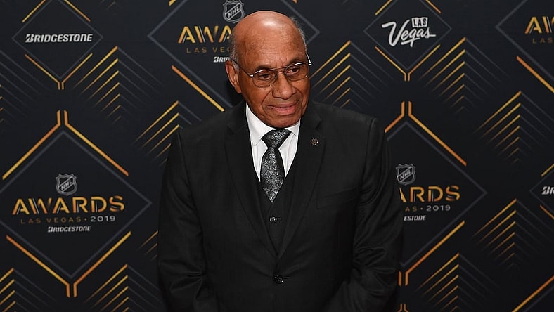 Jun 19, 2019; Las Vegas, NV, USA; Willie O'Ree is pictured on the red carpet during the 2019 NHL Awards at Mandalay Bay. Mandatory Credit: Stephen R. Sylvanie-USA TODAY Sports