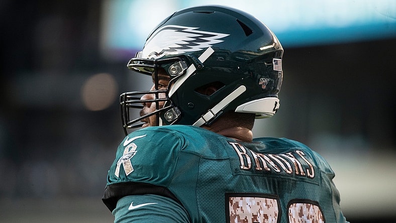 Eagles' Brandon Brooks (79) warms up during open practice Sunday night at Lincoln Financial Field. 

Sports Eagles Open Practice