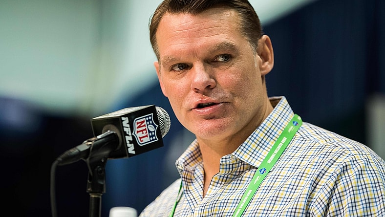 Feb 25, 2020; Indianapolis, Indiana, USA; Indianapolis Colts general manager Chris Ballard speaks to the media during the 2020 NFL Combine in the Indianapolis Convention Center. Mandatory Credit: Trevor Ruszkowski-USA TODAY Sports