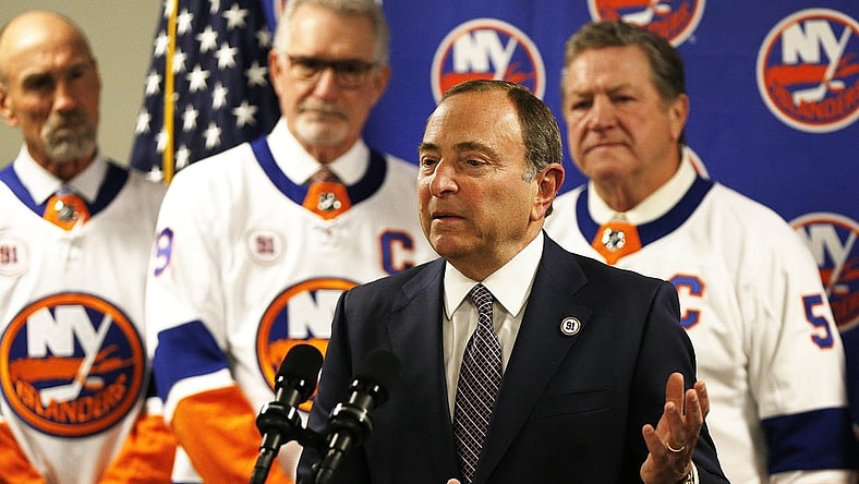Feb 29, 2020; Uniondale, New York, USA; NHL commissioner Gary Bettman addresses the media announcing that the Islanders will play all this years playoff games and all next years home games at the Nassau Colisuem prior to the game against the Boston Bruins at Nassau Veterans Memorial Coliseum. Mandatory Credit: Andy Marlin-USA TODAY Sports