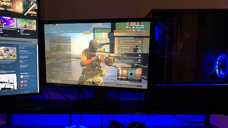 PC gaming setup with "Call of Duty: Warzone" on the monitor

Video Games, PC setup