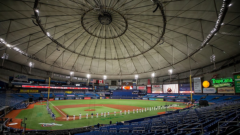 Jul 24, 2020; St. Petersburg, Florida, USA; A general view of Tropicana Field during a moment of silence in support of black lives before the regular season opener between the Toronto Blue Jays and Tampa Bay Rays. Mandatory Credit: Mary Holt-USA TODAY Sports
